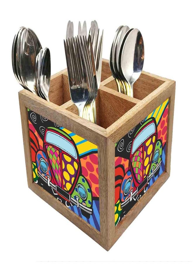 Nutcase Wooden Cutlery Stand Holder Silverware Caddy Spoons Forks Knives Organizer for Dining Table & Kitchen -Made in India-Spoons NOT Included - Taxi Art - Image 1